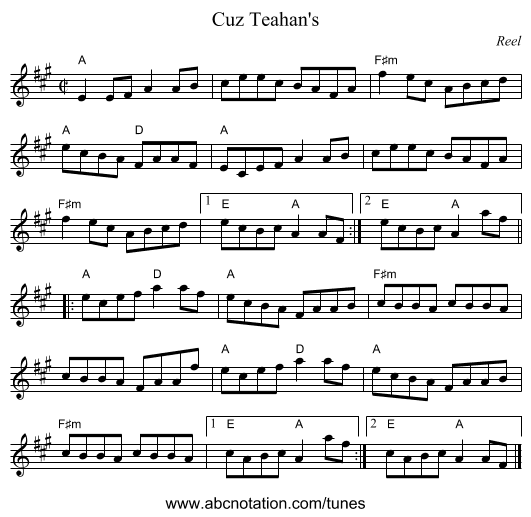 Cuz Teahan's - staff notation