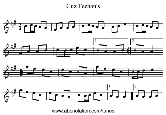 Cuz Teehan's - staff notation