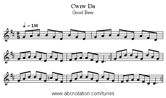 Cwrw Da - staff notation