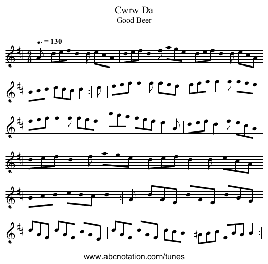 Cwrw Da - staff notation