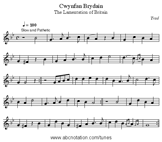 Cwynfan Brydain - staff notation