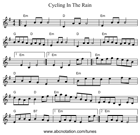 Cycling In The Rain - staff notation
