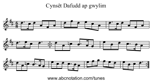 Cynsêt Dafudd ap gwylim - staff notation