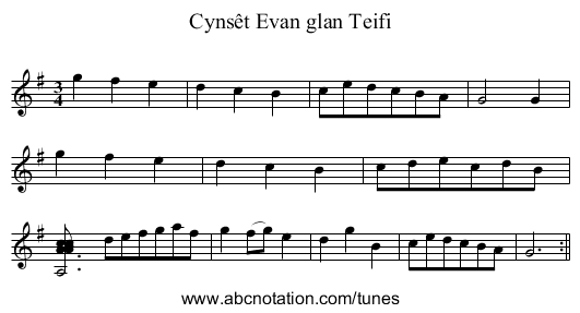 Cynsêt Evan glan Teifi - staff notation