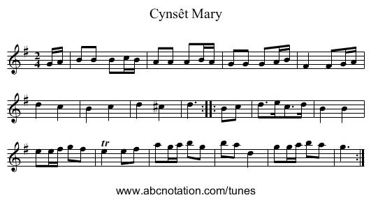 Cynsêt Mary - staff notation
