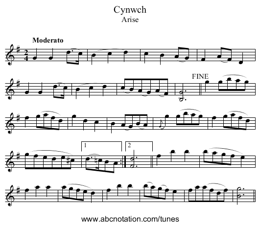 Cynwch - staff notation