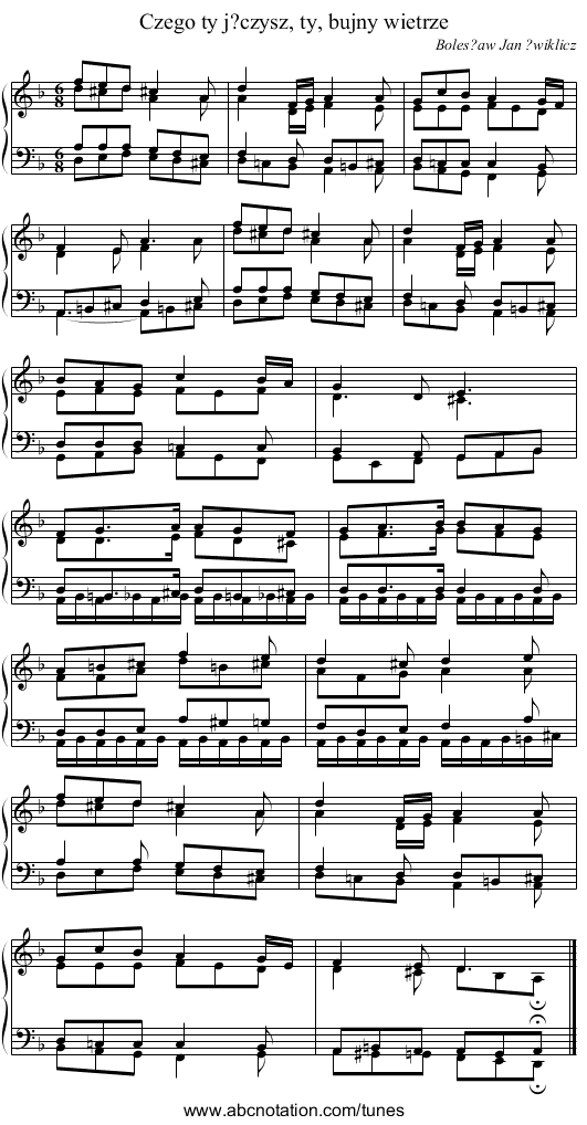 Czego ty j?czysz, ty, bujny wietrze - staff notation