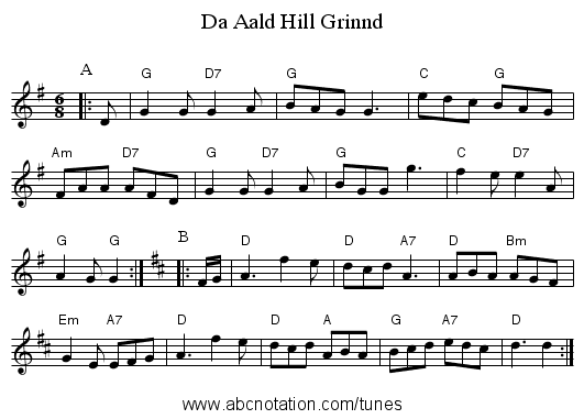 Da Aald Hill Grinnd - staff notation
