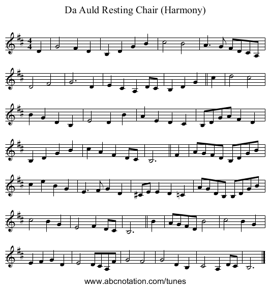 Da Auld Resting Chair (Harmony) - staff notation