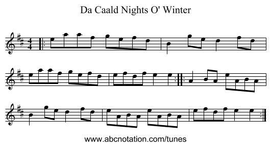 Da Caald Nights O' Winter - staff notation