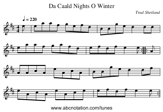Da Caald Nights O Winter - staff notation