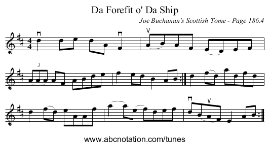 Da Forefit o' Da Ship - staff notation