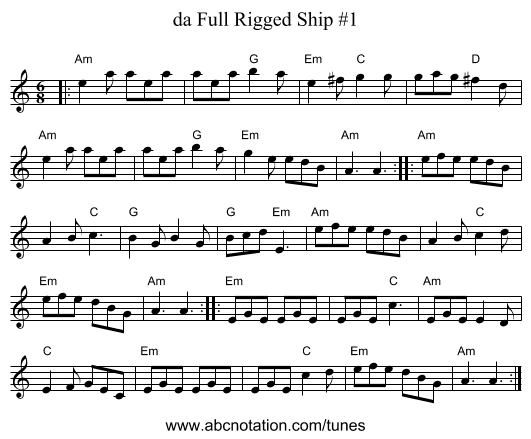 da Full Rigged Ship #1 - staff notation