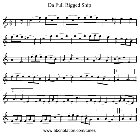 Da Full Rigged Ship - staff notation