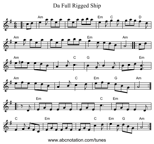 Da Full Rigged Ship - staff notation