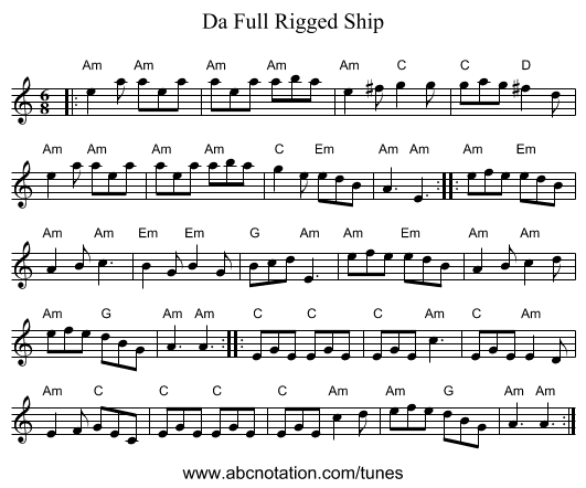 Da Full Rigged Ship - staff notation