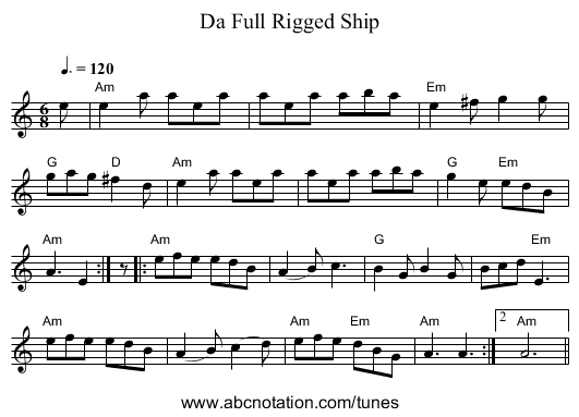 Da Full Rigged Ship - staff notation