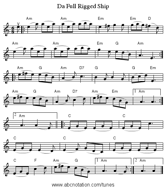Da Full Rigged Ship - staff notation
