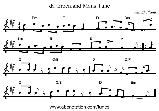 da Greenland Mans Tune - staff notation