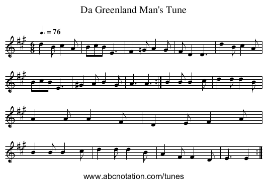 Da Greenland Man's Tune - staff notation