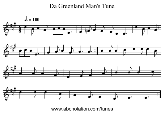 Da Greenland Man's Tune - staff notation