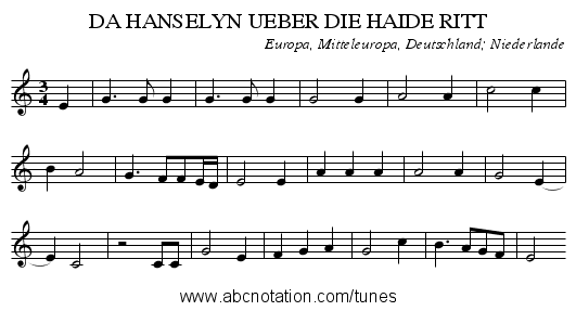 DA HANSELYN UEBER DIE HAIDE RITT - staff notation