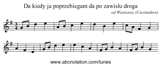 Da kiedy ja poprzebiegam da po zawislu droga - staff notation
