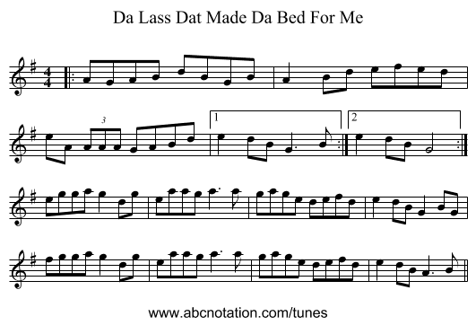 Da Lass Dat Made Da Bed For Me - staff notation