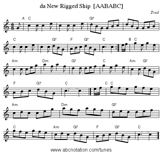 da New Rigged Ship  [AABABC] - staff notation