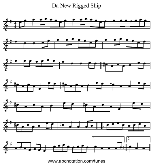 Da New Rigged Ship - staff notation