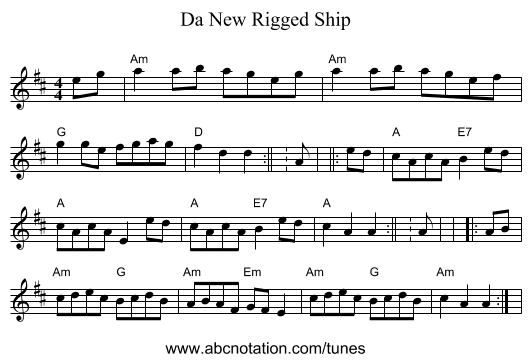 Da New Rigged Ship - staff notation