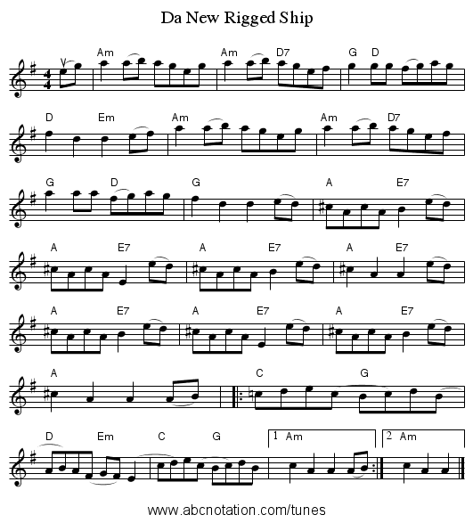 Da New Rigged Ship - staff notation