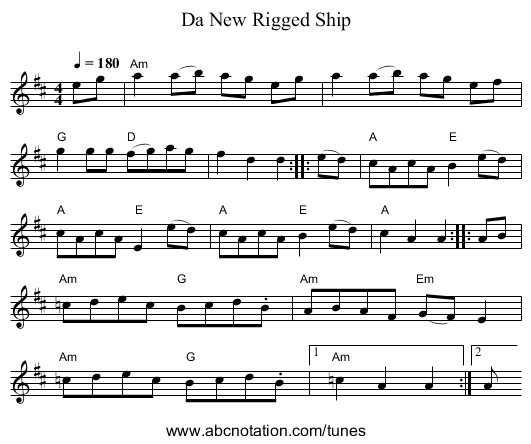 Da New Rigged Ship - staff notation