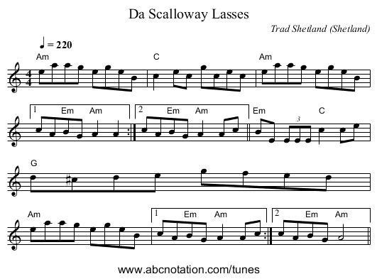Da Scalloway Lasses - staff notation