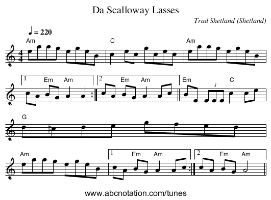 Da Scalloway Lasses - staff notation