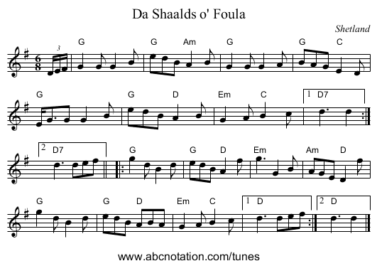 Da Shaalds o' Foula - staff notation