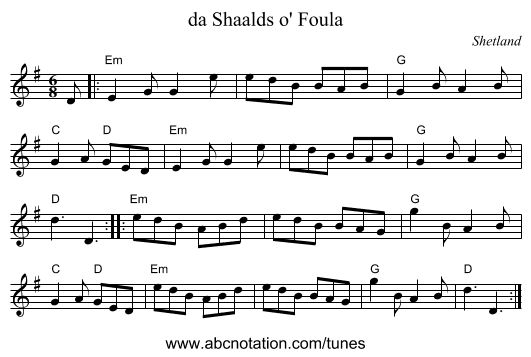 da Shaalds o' Foula - staff notation