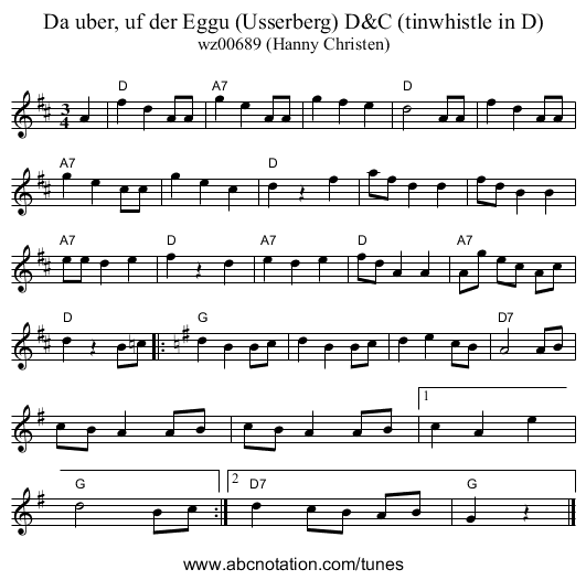 Da uber, uf der Eggu (Usserberg) D&C (tinwhistle in D) - staff notation