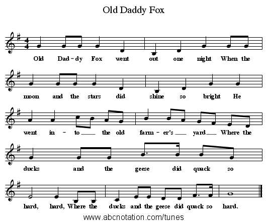 Daddy Fox, Old - staff notation