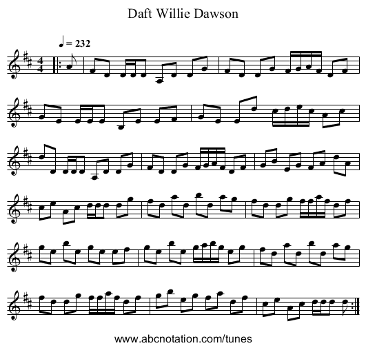 Daft Willie Dawson - staff notation