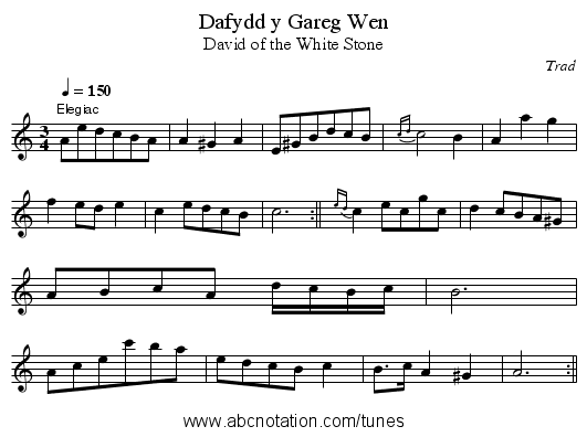 Dafydd y Gareg Wen - staff notation