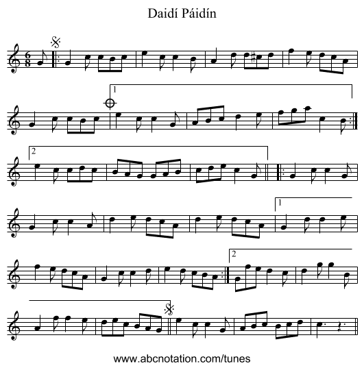 Daidí Páidín - staff notation
