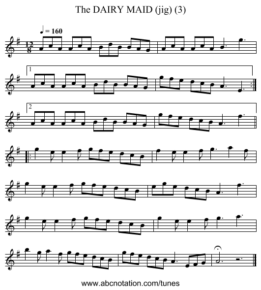 DAIRY MAID (jig) (3), The - staff notation