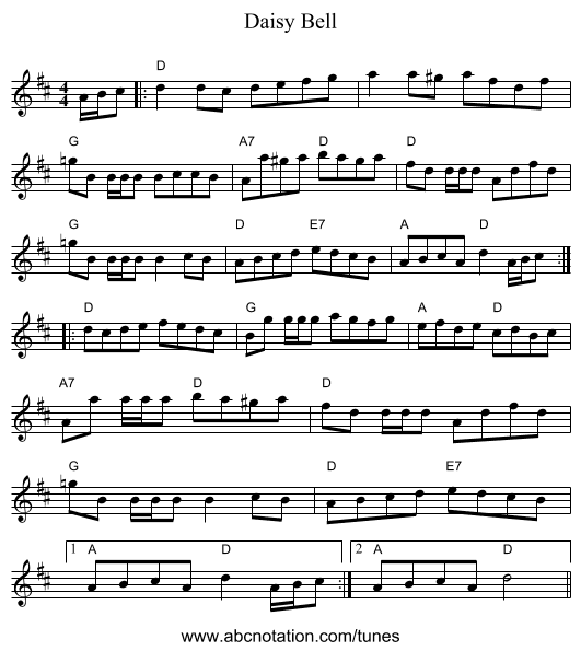 Daisy Bell - staff notation