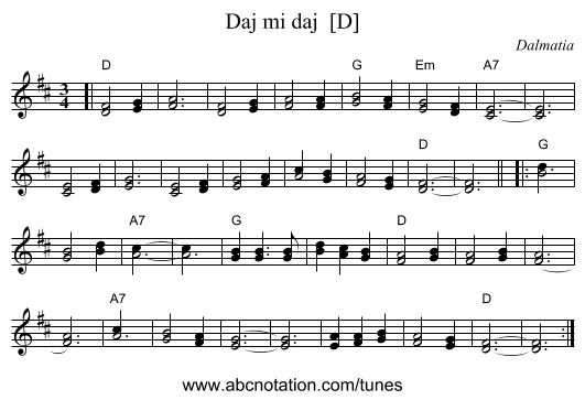 Daj mi daj  [D] - staff notation