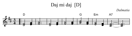 Daj mi daj  [D] - staff notation