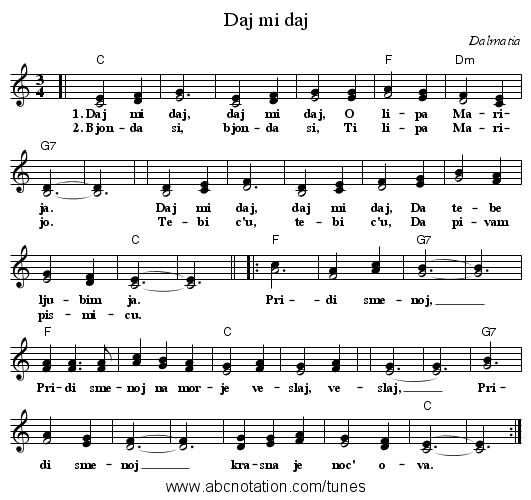 Daj mi daj - staff notation