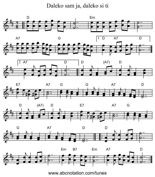 Daleko sam ja, daleko si ti - staff notation