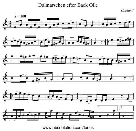 Dalmarschen efter Back Olle - staff notation