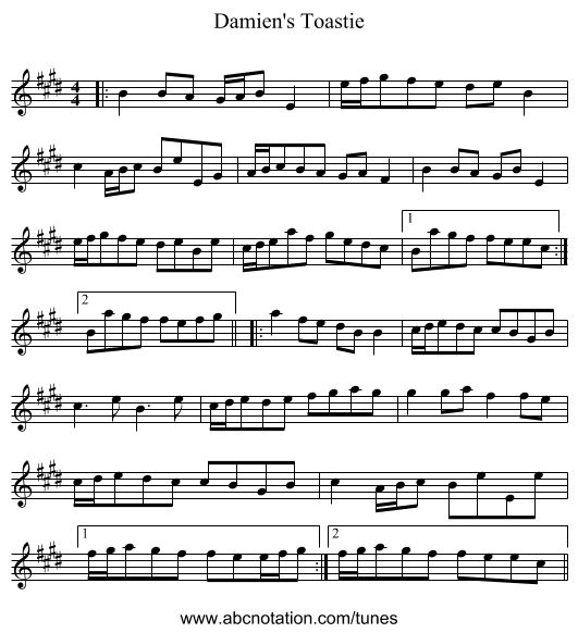 Damien's Toastie - staff notation